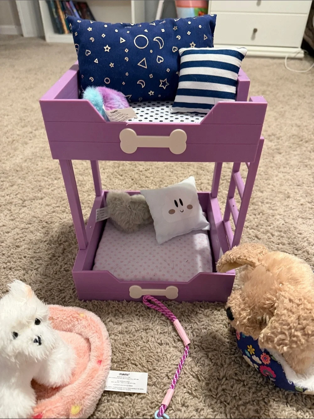 VEUC American Girl Purple Wooden Pet Bunk Bed with Navy & Striped Pillows